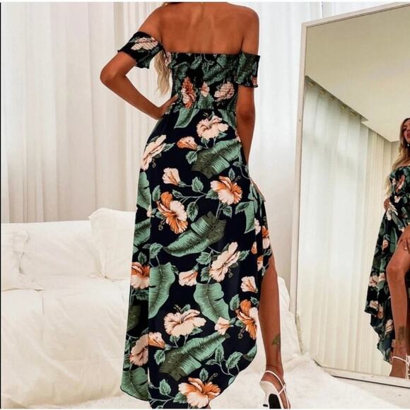 SHEIN vacation Tropical Print Bardot Wrap Maxi Dress Small - Picture 8 of 10